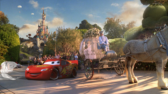 An ad from Disneyland Paris’ New Generation Festival: Lightning McQueen drives past Cinderella in front of Sleeping Beauty Castle.