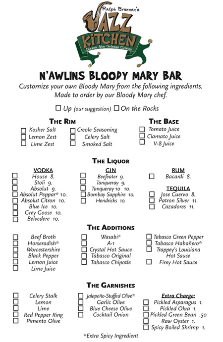 Bloody Mary Menu