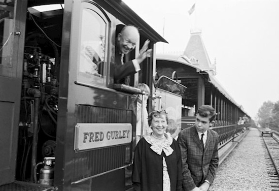 Granddaughter, Mary Jean and Grandson, David with Ike and Mamie at the Main Street Station of the Disneyland Railroad Granddaughter, Mary Jean and Grandson, David with Ike and Mamie at the Main Street Station of the Disneyland Railroad