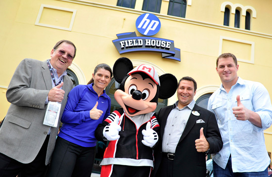 Gary Elliott, VP of Brand Marketing for HP, U.S. Women's Soccer Legend Mia Hamm, Mickey Mouse, Ken Potrock, Senior VP of Disney Sports Enterprises, and Jason Witten, NFL All-Pro tight end for the Dallas Cowboys