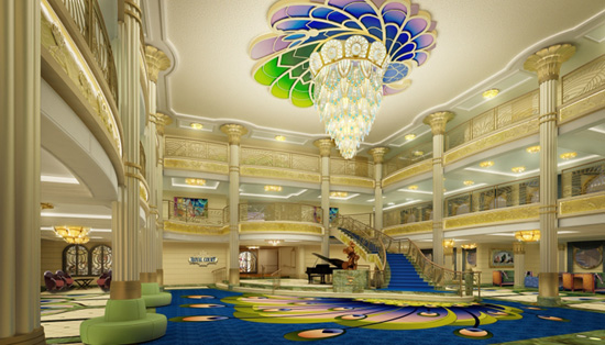 Glamorous and graceful design elements are apparent throughout the Art Nouveau-inspired atrium lobby on the Disney Fantasy.