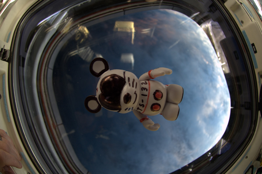 The 'Create-Your-Own' Vinylmation, with artwork created by the astronauts aboard STS-132, floats inside Space Shuttle Atlantis