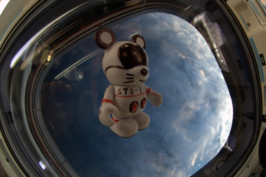 The 'Create-Your-Own' Vinylmation, with artwork created by the astronauts aboard STS-132, floats inside Space Shuttle Atlantis.