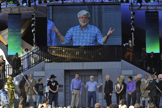 Walt Disney Co. president and CEO Bob Iger (left) and 'Star Wars' creator George Lucas at Disney's Hollywood Studios theme park in Lake Buena Vista, Fla. May 20, 2011 during grand opening ceremonies for 'Star Tours -- The Adventures Continue,' a new 3-D attraction based on the 'Star Wars' films. Walt Disney Co. president and CEO Bob Iger (left) and 'Star Wars' creator George Lucas at Disney's Hollywood Studios theme park in Lake Buena Vista, Fla. May 20, 2011 during grand opening ceremonies for 'Star Tours -- The Adventures Continue,' a new 3-D attraction based on the 'Star Wars' films.