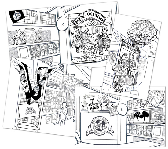 Concept Sketches of New Visuals Installed at Disney's Pin Traders in Downtown Disney Marketplace at Walt Disney World Resort