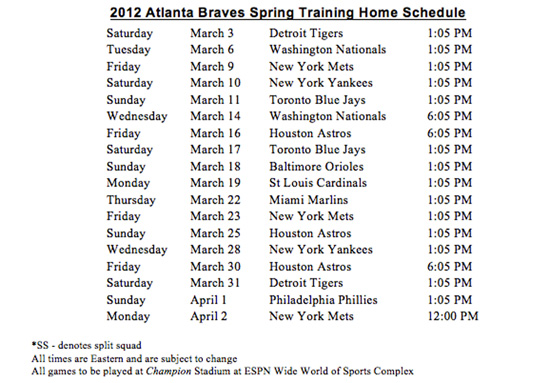 2012 Atlanta Braves Spring Training Home Schedule