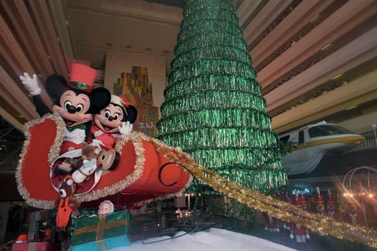 Mickey and Minnie in Front of the Christmas Tree at Disney's Contemporary Resort in 1989