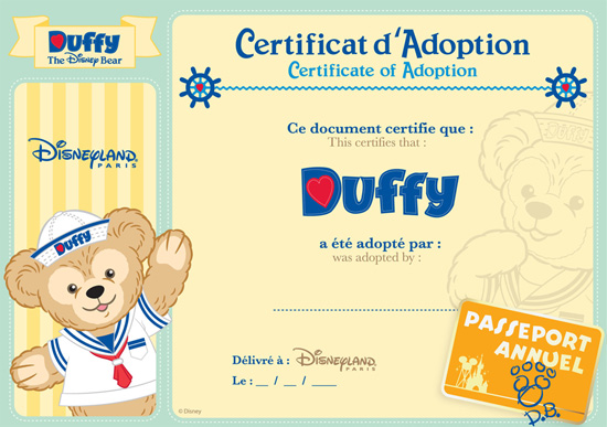 Duffy the Disney Bear Adoption Certificate Completed by Cast Members at Disneyland Resort Paris Duffy the Disney Bear Adoption Certificate Completed by Cast Members at Disneyland Resort Paris
