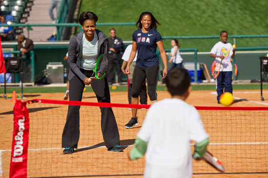 First Lady Michelle Obama participates in a fitness activity with local children at the Magic of Healthy Living event at Walt Disney World Resort. The event celebrated the First Lady’s Let’s Move! Initiative and recognized Disney’s efforts to promote healthier lifestyles among kids and families.