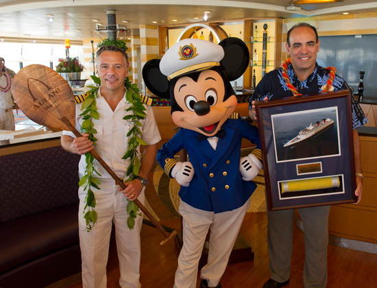 Captain Fabian, Captain Mickey Mouse, and Elliot Mills, Vice President & General Manager of Aulani Captain Fabian, Captain Mickey Mouse, and Elliot Mills, Vice President & General Manager of Aulani