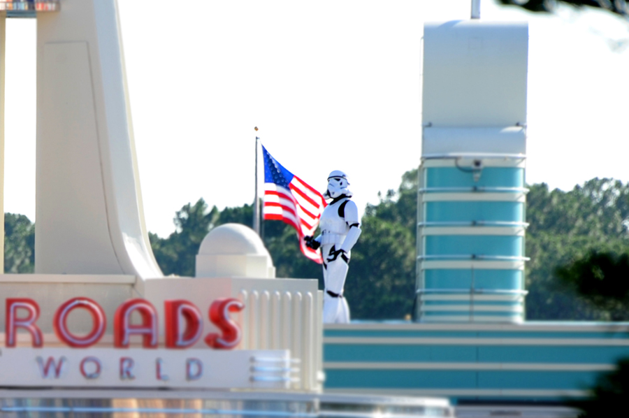 A Stormtrooper Patrols the Turnstile Rooftops at the Park Entrance