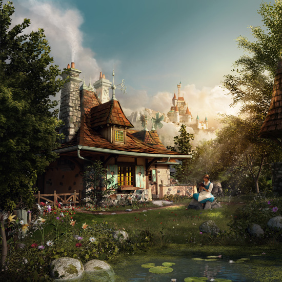 Belle Reads a Book Outside Maurice's Cottage with Beast's Castle in the Background; See Her in New Fantasyland at Magic Kingdom Park Belle Reads a Book Outside Maurice's Cottage with Beast's Castle in the Background; See Her in New Fantasyland at Magic Kingdom Park