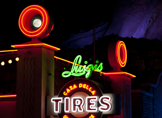 The Moon Over Luigi's Casa Della Tires in Cars Land at Disney California Adventure Park