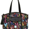 The New Dooney & Bourke Mickey Rainbow Letter Collection Includes a Large Pocket Tote ($295), Satchel ($195), Pocket Satchel ($260), and Tablet Sleeve ($90)