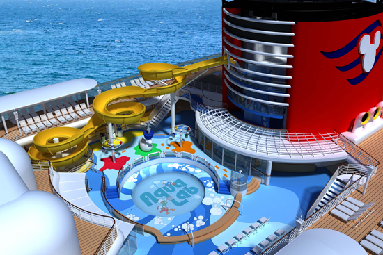 The Twist n’ Spout Water Slide Empties Into the Pool at AquaLab, a Brand-New Water Play Area for Kids Designed by Donald Duck’s Nephews