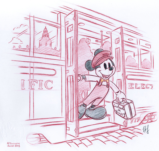 Mickey Mouse Looks Ready for an Adventure as He Hops Off the Red Car Trolley at Disney California Adventure park