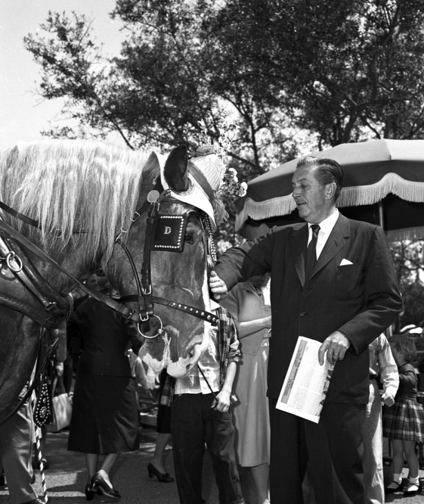 Walt Disney and a Haberdashed Horse at Disneyland Park in 1957