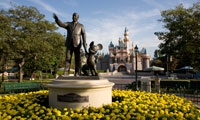 The bronze statue of Walt Disney and Mickey Mouse in the center of Walt Disney World
