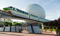 The monorail passing in front of the EPCOT sphere at Walt Disney World