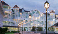 Exterior of Disney's Beach Club Villas, a Disney Vacation Club Resort, after dark