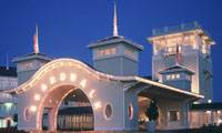 The lights of the entry way to Disney's BoardWalk Villas, a Disney Vacation Club Resort
