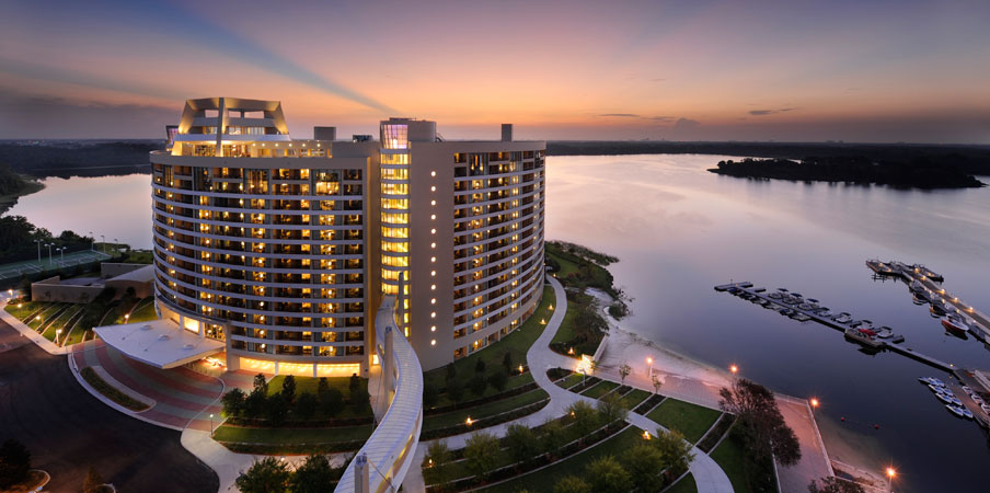 The sun setting behind Bay Lake Tower at Disney's Contemporary Resort along beautiful Bay Lake
